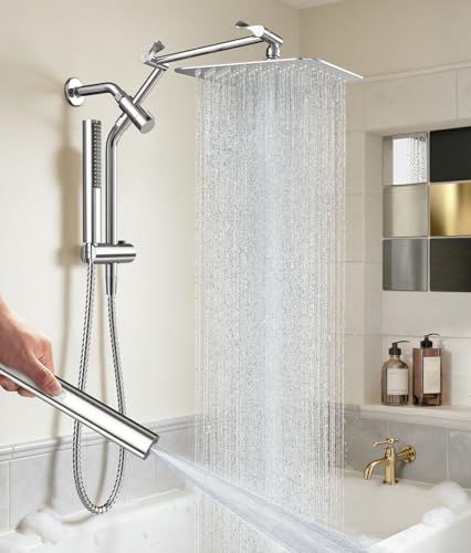 Image of Veken All Metal 10 inch Shower Head with Handheld, Luxurious Square Double Rain Shower Heads,Power Wash Wand,Dual High Pressure Detachable Rainfall Showerhead with Spray Combo,Extension Arm,Chrome,Sliver