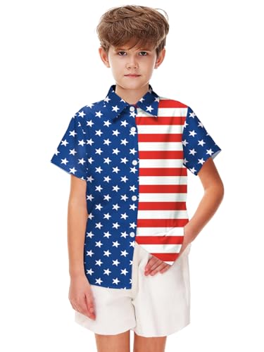 Image of Remimi Unisex Kids 4th of July Button Up Shirt Boys American Flag Print Hawaiian Beach Short Sleeve Tops 5-14 Years