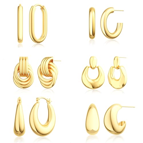 4 Pairs Gold Hoop Earrings Set for Women - 14k Plated Huggie Dang...