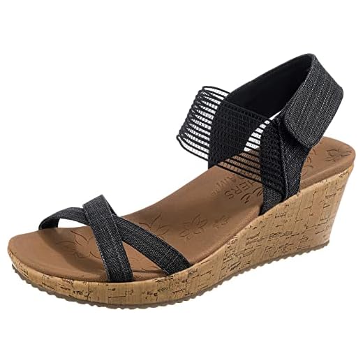Skechers Women's Cork Wedge Sandal, Black, 8.5