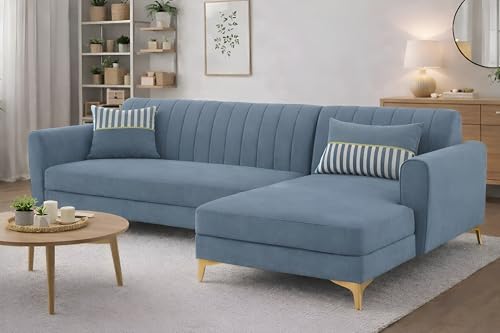 Image of Adorn India Premium Luster 6 Seater L Shape Sofa Set | Velvet Suede Fabric | 3-Year Warranty | RHS |Color Grey with Golden Legs & Striped Pattern Cushion
