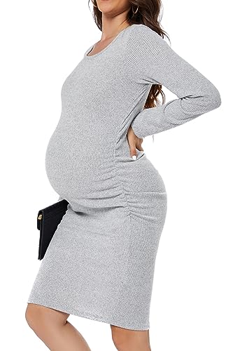 Smallshow Women'S Knit Maternity Dress Long Sleeve Pregnancy Clothes Medium,Light Grey thumb #3