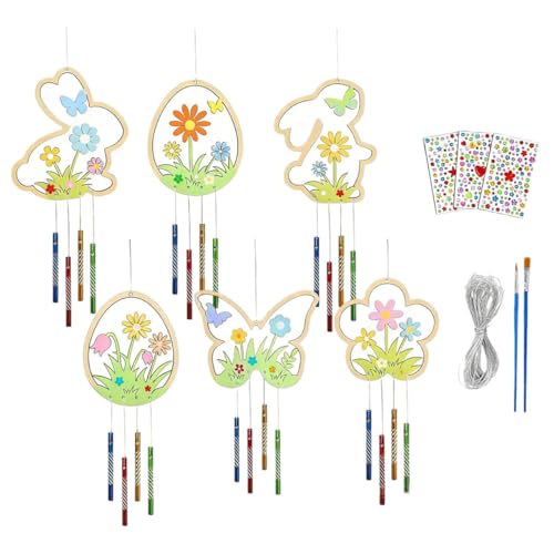 Uzndq 12 Stück Windspiel Bastelset Kinder,Osterdeko Holz Windspiele Bastelset Kinder Ostern Bemalen Doppelseitig Deko für Mädchen Junge Osterdeko Frühling Garten Haus