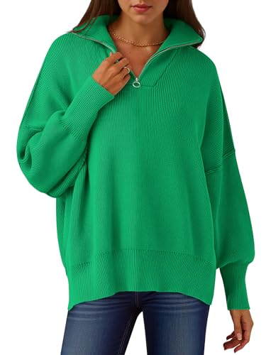 Image of ANRABESS Womens Oversized Quarter Zip Pullover Sweaters | Fall Fashion Outfits, Long Sleeve Slit Side, Baggy Loose Fit, 1 /4 Zip Lapel Collared, Ribbed Knit Soft Warm Winter Clothing