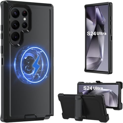 Magnetic Case for Galaxy S24 Ultra 5G case Samsung S24 Ultra Heavy Duty case [Military Grade Protective ] [Shockproof] [Dropproof] [Dust-Proof] (with Belt Clip Black-MAG)