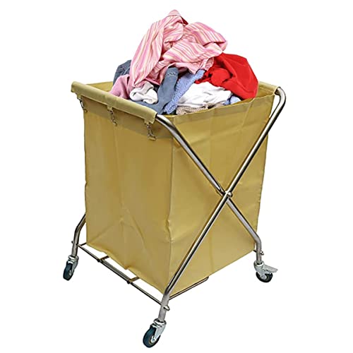 KUANGGE Hampers with WheelsHeavy Duty Commercial Laundry Trolley Cart Collapsible Washing Basket on Wheels Stainless Steel Frame Waterproof Oxford Material Ideal for Home Bedroom Hotel Yellow Color