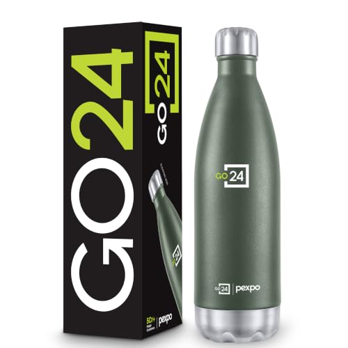 Go24 pexpo Stainless Steel Water Bottle Electro Military Green 980ml | Leakproof lid, BPA Free, ideal for gym, hiking, travel, Hot & Cold, food-grade 