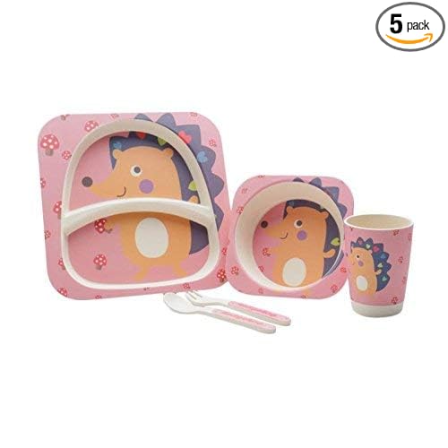 Abracadabara (Set of 5 Pcs) Bamboo Fiber Eco-Friendly Kids Cutlery Tableware Feeding Set with Printed Plate, Spoon, Glass, Folk & Bowl for Infant - Dark Pink