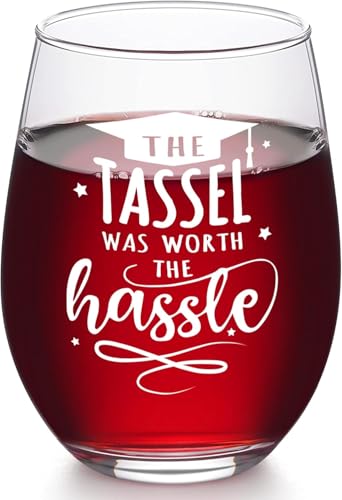 Futtumy Graduation Gifts for Her, The Tassel was Worth The Hassle Stemless Wine Glass for Her Girls Women Friend Sister, High School College Graduation Present Congratulations Gifts, 17 oz/500 ml