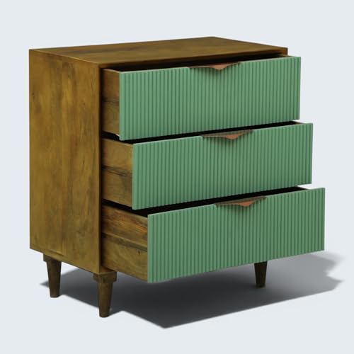 Image of Solid Wood Rodondo Chest of Drawers | Drawer Chest with 3 Drawers | Wooden Drawer Storage Cabinet | Finish- Premium Olive Green and Light Brown
