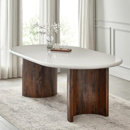 Image of Home Centre | Pristyn 6 Seater Tables | Dining Set for Home | Mango Wood, Composite Marble Top | Grey | 1 Year Warranty