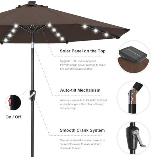 Image of ABCCANOPY 10FT Durable Solar Led Patio Umbrellas with 32LED Lights (Brown)