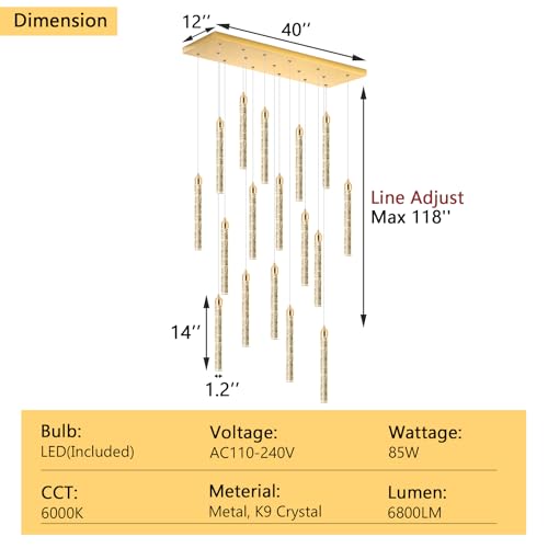 Image of Rectangular Chandeliers 17-Lights Long Light for Entryway LED Dimmable Chandeliers Lighting Fixture Flat Sloped High Ceiling Pendant Lights Crystal for Living Room Foyer Hallway Staircase Gold