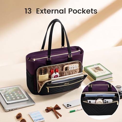 Image of LOVEVOOK Laptop Tote Bag for Women, Work Bag Teacher Tote with Large Cup Holder, Quilted Nurse Diaper Bag for Travel, Computer Women's handbags for Teacher gift, Black-Purple, 17.3 Inch