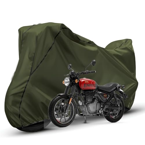 Image of Waterproof Bike Body Cover Compatible with RE Hunter 350 Dustproof Scratchproof - Motorcycle Cover for Two Wheeler, Outdoor Full Cover with UV, Duty, Rain Protection (Olive with Black)