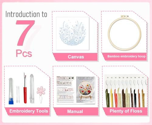 Image of Huacan Embroidery Kit Flower Pattern Practice Kit, Including Instructions, Embroidery Hoop, Cloth, Needles and Thread for DIY Craft