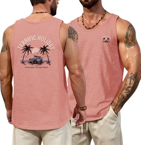 Image of VOGSTART Mens Graphic Muscle Tank Top Beach Slub Cotton Sleeveless Shirts