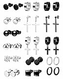 16Paia Pendientes Hombres Acero Inoxidable Negro Pendientes de Aro Punk Colgantes Cruz Pendiente Hombres Aros Aretes Kpop Huggie Pendientes Redondos Colgantes Conjunto Pendientes para Hombres Mujeres