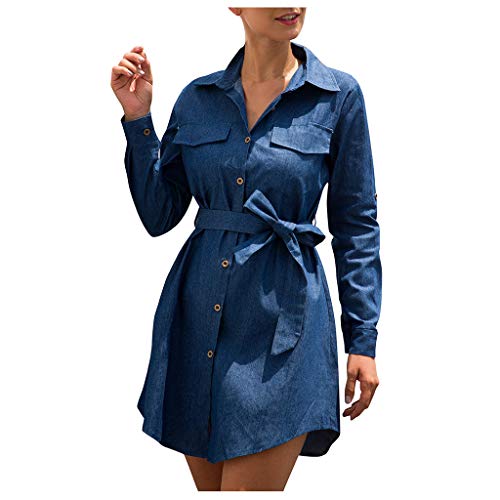 BXzhiri_Women Blue Jeans Denim T-Shirt V-Neck Long Sleeve Casual Loose Shirt Mini Dress