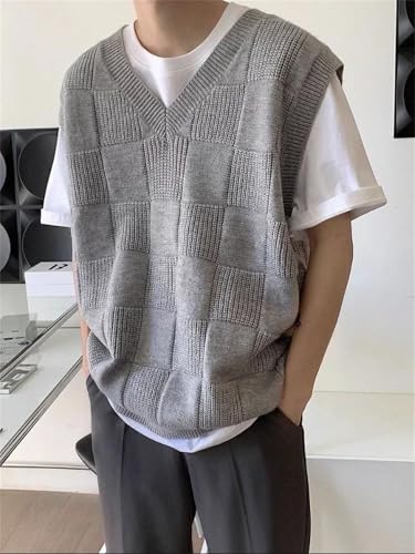 Men's Clothing Long Plaid Plain Knit Sweater Loose Sleeveless Waistcoat Solid Retro Vest2