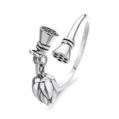 NewZenro Vintage Lotus Flowers Adjustable Open Rings for Women Dainty Lotus Root Sterling Silver Statement Engagement Promise Thin Band Rings Fashion Expandable Knuckle Finger Rings for Wife Daughter