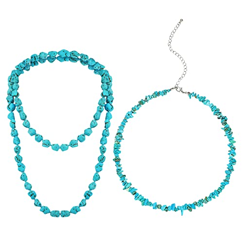 Glenmal 2 Pieces Long Turquoise Beads Endless Necklace Choker, Boho Western Necklaces for Women, Handmade Jewelry, 47'' and 14''