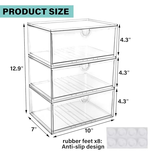 Image of Prsildan Acrylic Makeup Organizer, 3 Pack Stackable Clear Storage Drawers for Baby Bottles Desk Organizers with 3 Drawers for Countertop Vanity Nursery Modular System for Cosmetics Jewelry