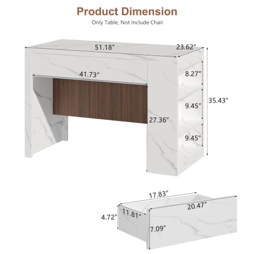 Image of Faux Marble Kitchen Island Table with Storage,LED Lights and Power Outlet | Imitation Marble Dining Table with Grille Design, Modern Rectangular Kitchen Dining Table for Dining Room,Living Room