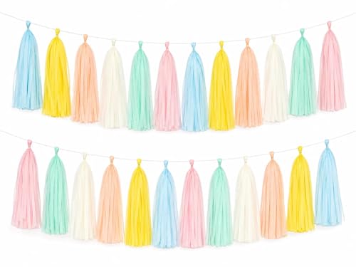 Image of Pastel Rainbow Tassel Garland Banner Paper Tassels - 30pcs Baby Shower Birthday Wedding Streamers,Peach Yellow Purple Blue Mint Ivory Tassels Banner Backdrop Decor