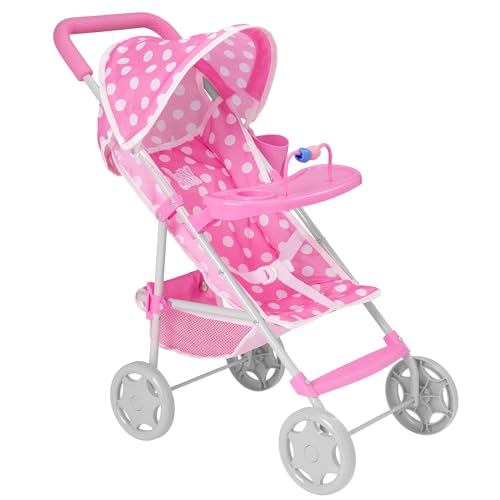 Dolly Tots Playtime - Carrinho de bolinhas rosa | Carrinho de boneca para crianças com bandeja de jogo removível | Brinquedo dobrável de guarda-chuva | Carrinho de bonecas de dramatização para