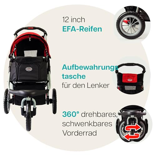 Hundewagen/Katzenwagen - Innopet Comfort EFA Eco schwarz/rot – faltbarer Hundebuggy für Waldwege & Strand, geländegängig, pannensichere 30cm Räder – 2 Leinen innen - Haustierwagen
