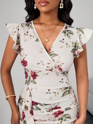 Image of Yajedo Women's Summer Bodycon Midi Dress Print Ruffled Sleeves V Neck Ruched Cocktail Pencil Dress