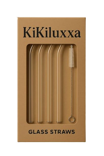 KiKiluxxa Glass Straws with Cleaning Brush -4 Transparent Straws & 1 Cleaner - Pack of 5pcs- Clear Reusable, Elegant Alternate to for Drinking Juice, Smoothie (6GR4+1)