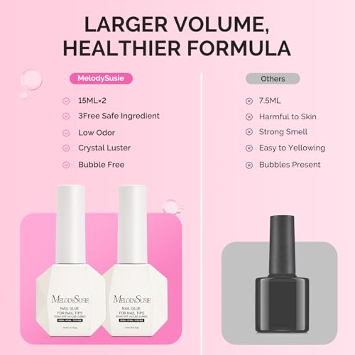 Image of MelodySusie 3Free 5 in 1 Nail Glue Gel for False Nail Tips, NO Hema HPMA TPO, Super Sticky and Strong Adhesion, Rhinestone, Blooming Gel, Base Coat, UV Lamp Curing Needed,2 Pcs 15ml