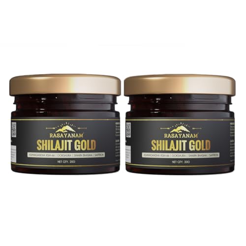 Image of Rasayanam Shilajit Gold Resin 20g (80 Servings) | 300 -500mg /serving | 75% Fulvic Acid | High Potency Shilajeet, Ashwagandha KSM66, Swarn Bhasma (24 Carat Gold) & Saffron | Strength & Muscle Recovery (Pack of 2, 20g Each)