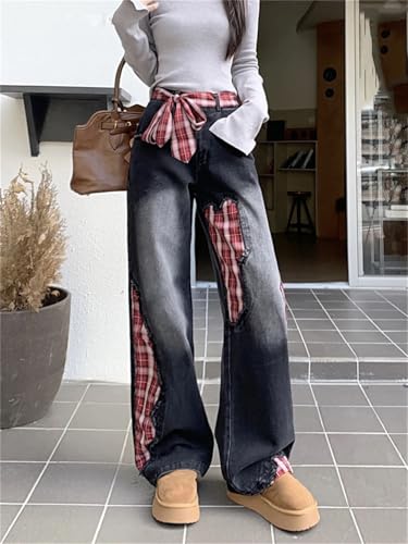 Women's Plaid Splicing Bow Patch Jeans High Waisted Vintage Casual Denim Pants4