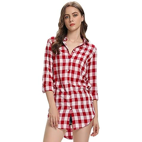 Tianerhay Womens Plaid Shirts Button Down Flannel Boyfriend Long Sleeve Shirts Blouse Tops Red XL Cover