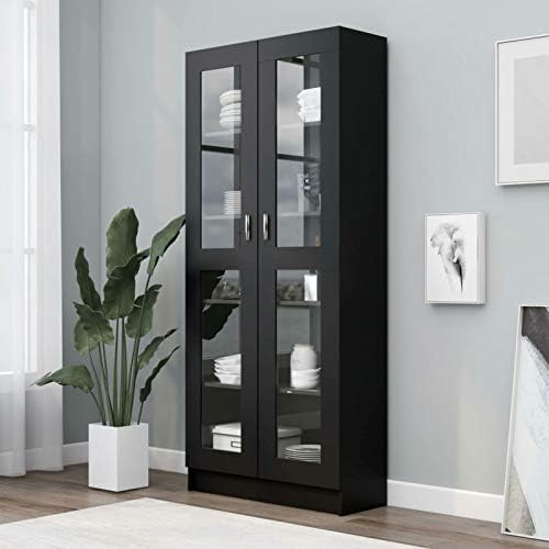 Tidyard Vitrine Cabinet Book Cabinet Display Storage Shelving Unit Home Organiser Furniture Black 82.5x30.5x185.5 cm Chipboard