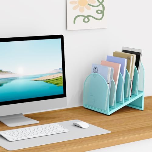 Image of File Organizer for Desk, File Folder Organizer with 5-Section Vertical Rack, Suitable for Home Office Document Organization and Storage (Blue)
