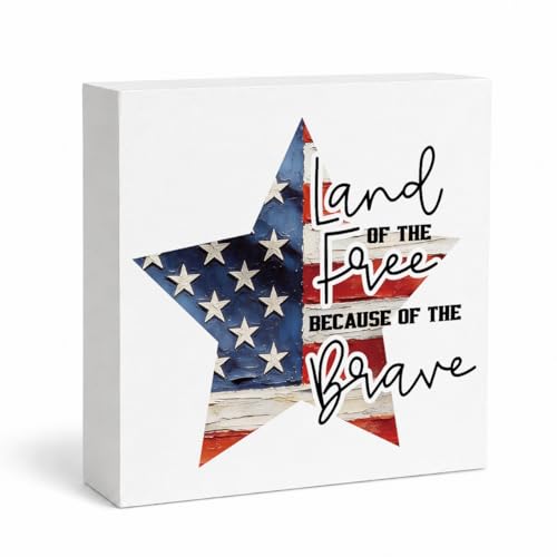 4th of July Wooden Table Decor, Land of the Free Because Brave Sign, Vintage Memorial Day Sign, White Wooden Box for Tiered Tray Desk Mantel Home Holiday Room Display, 5.1 x 5.1 Inch