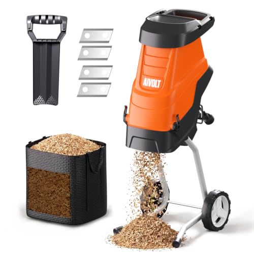 Image of AIVOLT Electric Wood Chipper, 15-Amp Chipper Shredder, 1.8 inch Cutting Capacity, 12 Gal Anti-Blowout Bag, 2 Extra SK5 Blades, 18:1 Mulching Ratio for Yard Waste, Composting & Garden