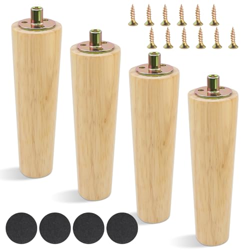 TOKSEO 4 Patas de Madera para Muebles de 15 cm, cónicas, Patas de Madera para Armario, Patas de sofá con Placa de Montaje, Almohadillas de Goma, Patas de Madera para Muebles, armarios, sillas, mesas