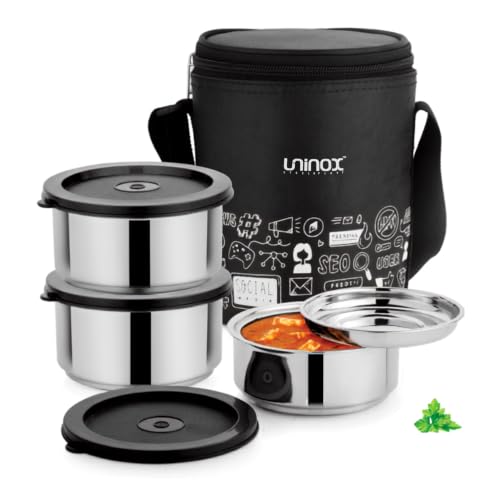 Image of uninox Double Wall Stainless Steel Tiffin Box with 3 Containers & 1 Free Container | Lunch Box for Office, School & Travel | Black Colour