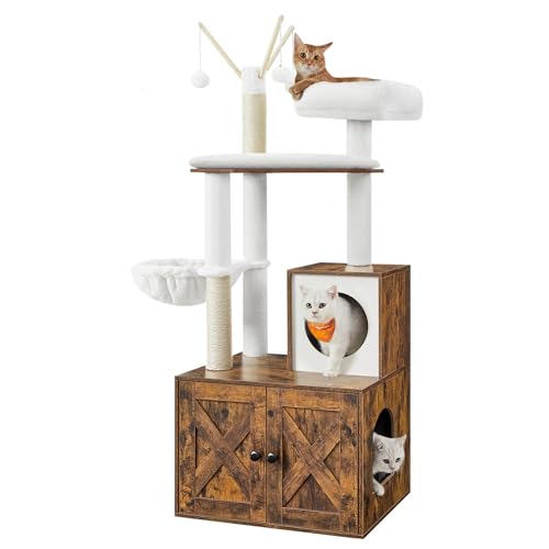 Image of Feandrea Cat Tree with Litter Box Enclosure, 59-Inch Modern Cat Tower | 2-In-1 Condo with Scratching Posts, Washable Removable Cushion, Rustic Brown UPCT113X01