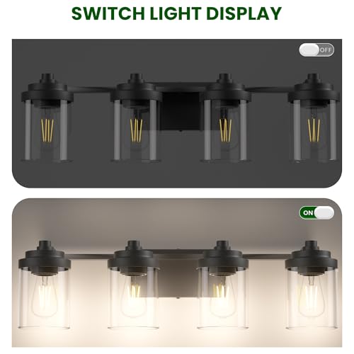 Image of Bathroom Vanity Light Fixture, 4-Light Modern Black Vanity Light Fixtures with Clear Glass Shade, Matte Black Bathroom Light Fixtures Over Mirror, Rustic Restroom Lighting Fixtures