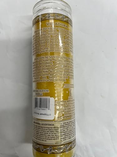 Brilux Saint Child of Atocha (Santo Nino de Atocha) Unscented Yellow Pillar Candle in Glass