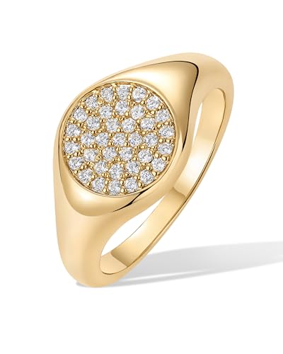 PAVOI 14K Yellow Gold Plated Signet Ring for Women | Pinky Ring with Round Cubic Zirconia | Dainty Lightweight Thin Statement Trendy Fashion Jewelry - Yellow Size 8