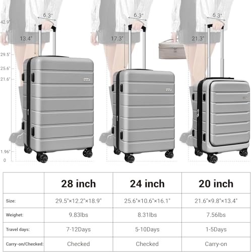 SmileLine 3-Piece Luggage Set Lightweight Hardside Suitcase TSA Lock Spinner Wheels, 20" Expandable Carry-On Luggage with Quick Access Front Open Pocket, Bonus Makeup Bag, 20/24/28 inch, Silver3