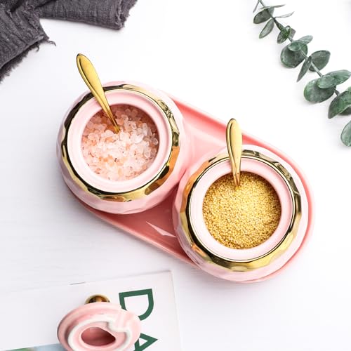 Sailench 10oz Ceramic Sugar Bowl, Golf Design Porcelain Salt Bowl Salt Container Sugar Bowl with Lid and Spoon for Home and Kitchen Coffee Bar (Pink (2pcs)), SG01 by Sailench - Image 6