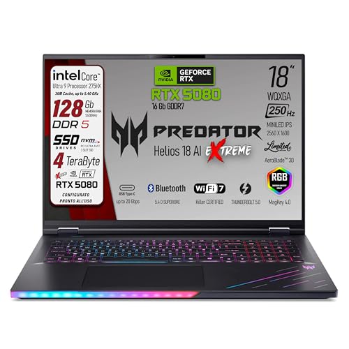 Predator Helios 18 AI Portatile Gaming, Intel Ultra 9-275X, RAM 128 Gb DDR5 SSD 4 TB (2x2TB), Display 18" WQXGA 250Hz MINILED, GeForce RTX 5080 16Gb GDDR7, WI-FI 7, Win 11, Ready to use - Notebook - Immagine 1
